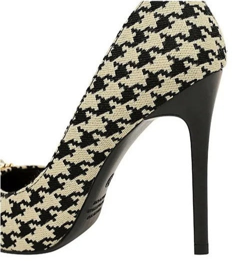 Black Checkered Pattern Pearl Metal Chain Heels