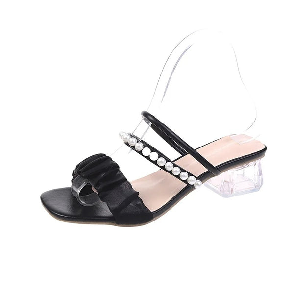 Black Low Heel Pearl Sandals