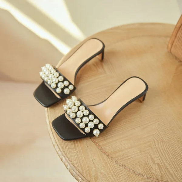 Black Low Heels With Pearls