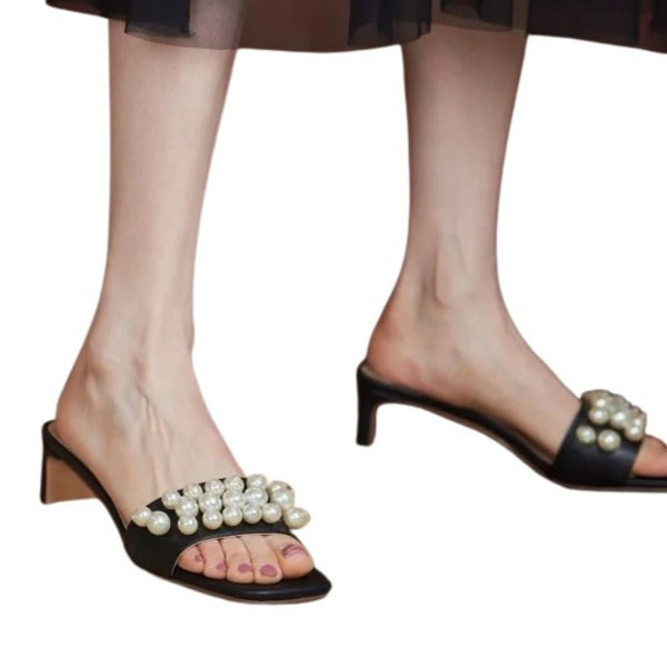 Black Low Heels With Pearls