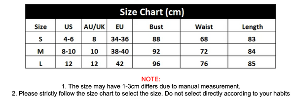 Black Pearl dress size chart