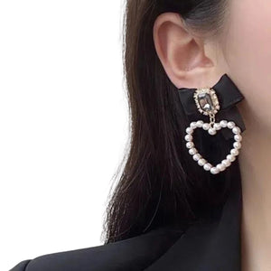 Black Bowknot Square Glass Heart Charm Drop Earrings