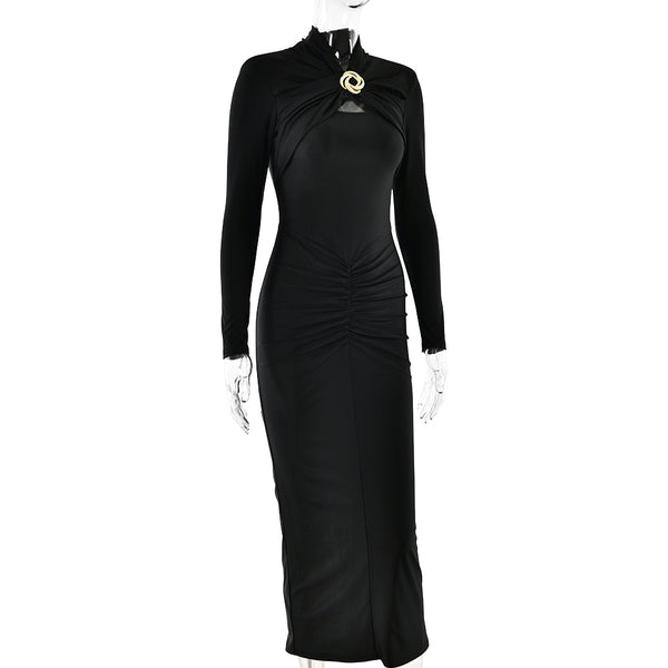 Black Elegant Long Sleeve Long Dress