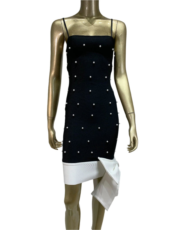 Black and White Elegant Bow Pearl Mini Dress