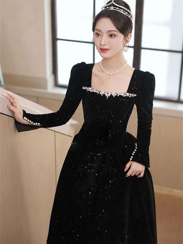 Black Homecoming Dress With Pearls On Sleeves