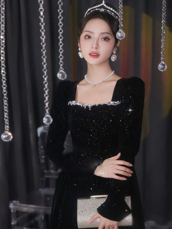 Black Homecoming Dress With Pearls On Sleeves