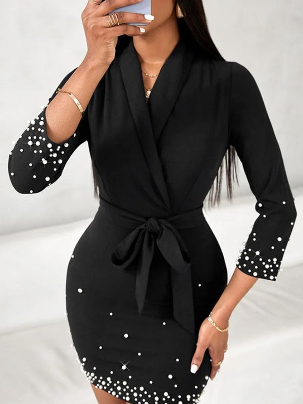 Black long sleeve pearl dress