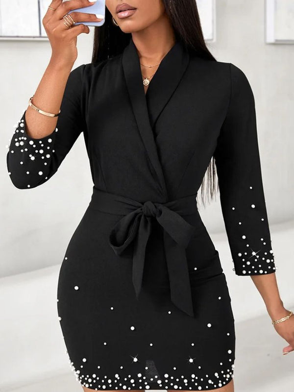 Black long sleeve pearl dress