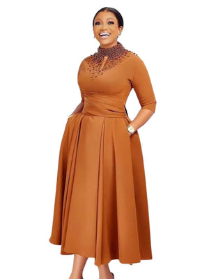 Classy Camel Dress With Pearl Collar