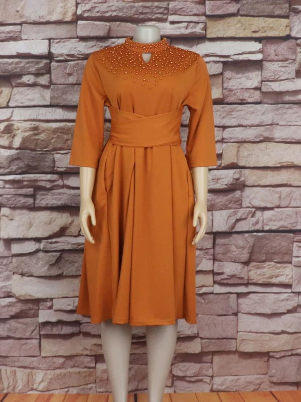 Classy Camel Dress With Pearl Collar