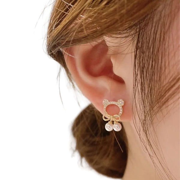 Cute Bear Drop Pearl Earrings