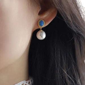 Elegant Blue Enamel Pearl Drop Earrings