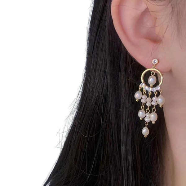 Elegant Long Multi Pearl Tassel Earrings