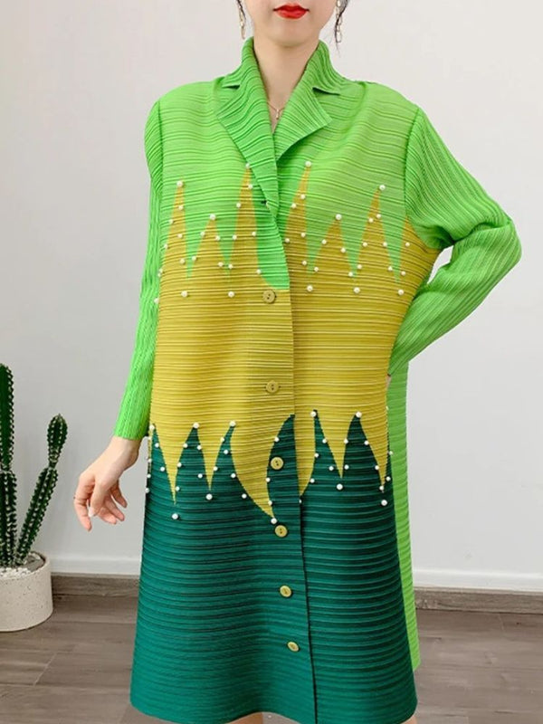 Green Long Sleeve Pleated Pearl Dress