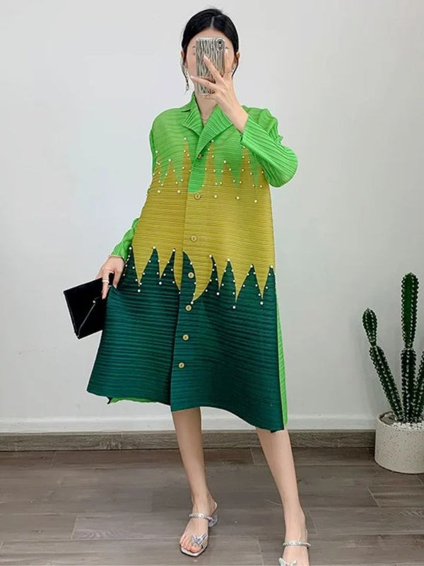 Green Long Sleeve Pleated Pearl Dress