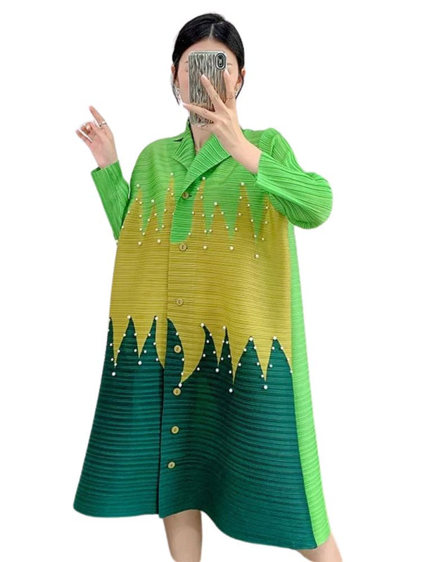 Green Long Sleeve Pleated Pearl Dress