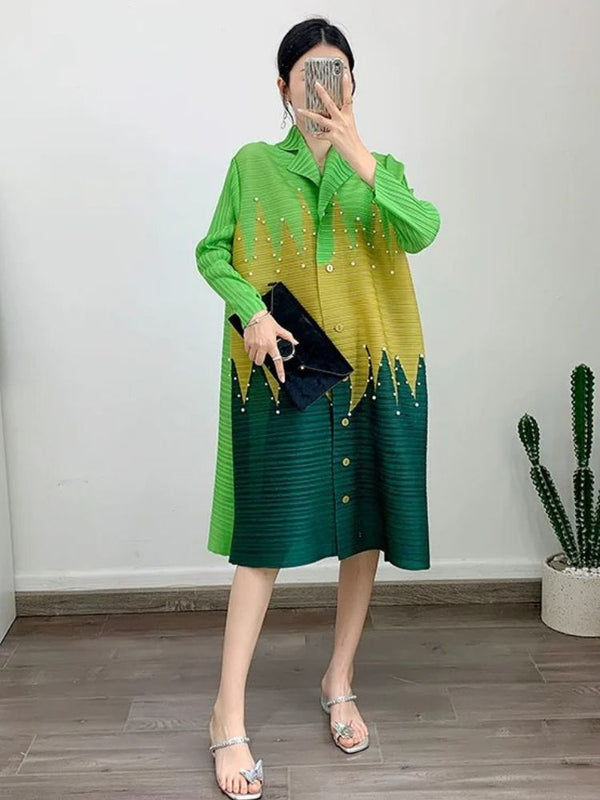 Green Long Sleeve Pleated Pearl Dress