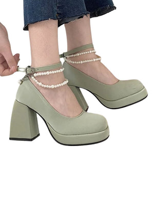 Green Platform Heels With Pearls