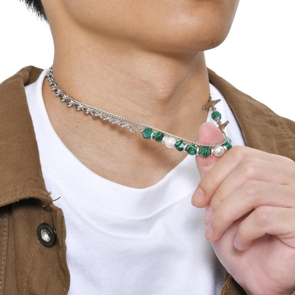 Green Stone Pearl Necklace Men