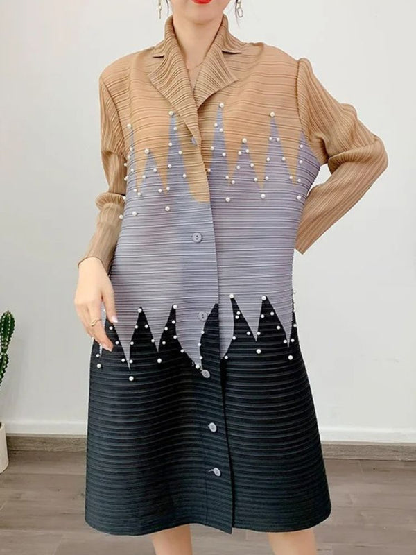 Khaki Long Sleeve Pleated Pearl Dress