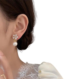 Korean Delicate Crystal Flower Pearl Drop Earrings For Women