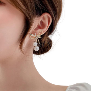 Korean Elegant Bow Rhinestone Shiny Pearl Drop Earring