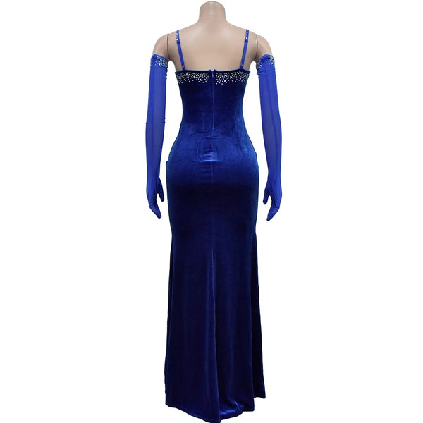 Long Blue Evening Pearl Dress