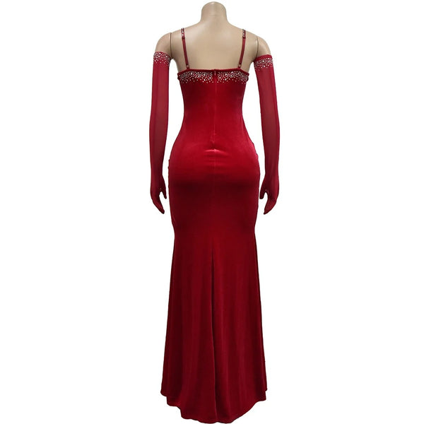 Long Red Evening Pearl Dress