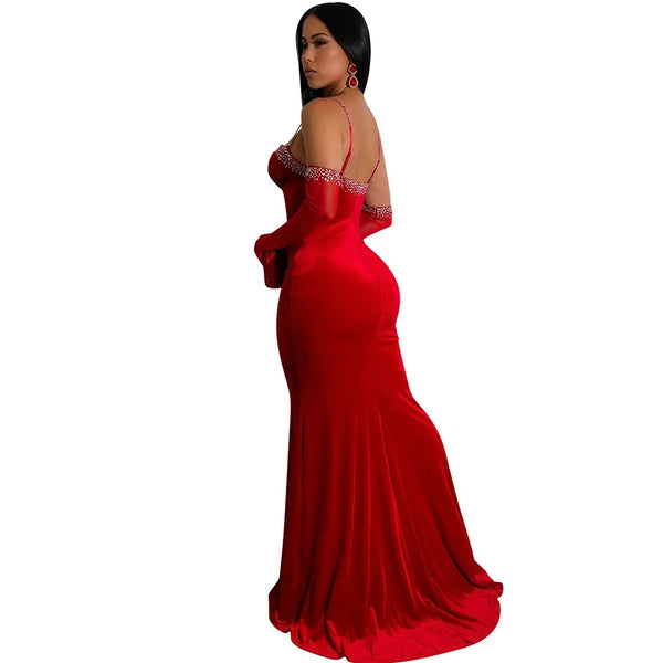 Long Red Evening Pearl Dress