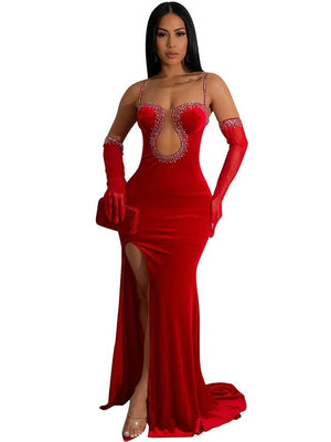 Long Red Evening Pearl Dress