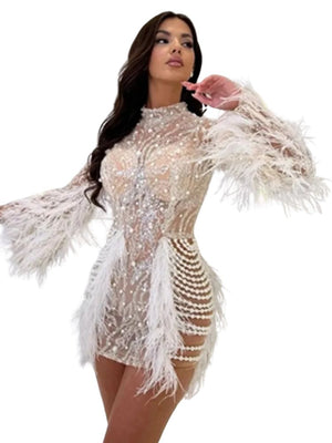 Long Sleeve Feather Evening Pearl Dress