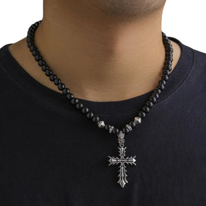 Mens Black Pearl Necklace With Cross