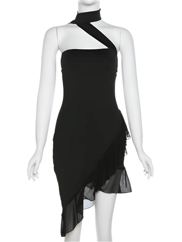 Modern Asymmetric Black Mini Dress