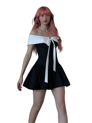 Modern Bow Off Shoulder Black and White Mini Dress