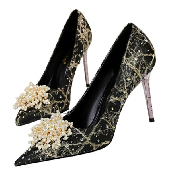 Pearl And Rhinestone Black Heels