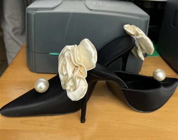 Pearl Flower Black Heels