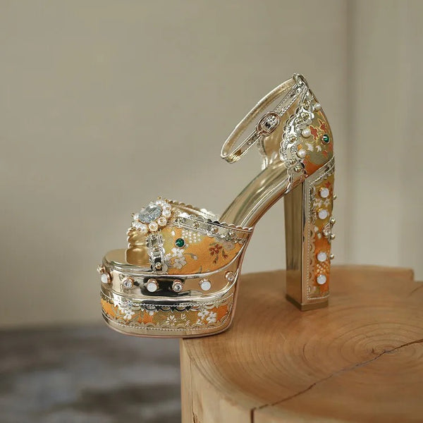 Pearl Rhinestone Yellow Heels