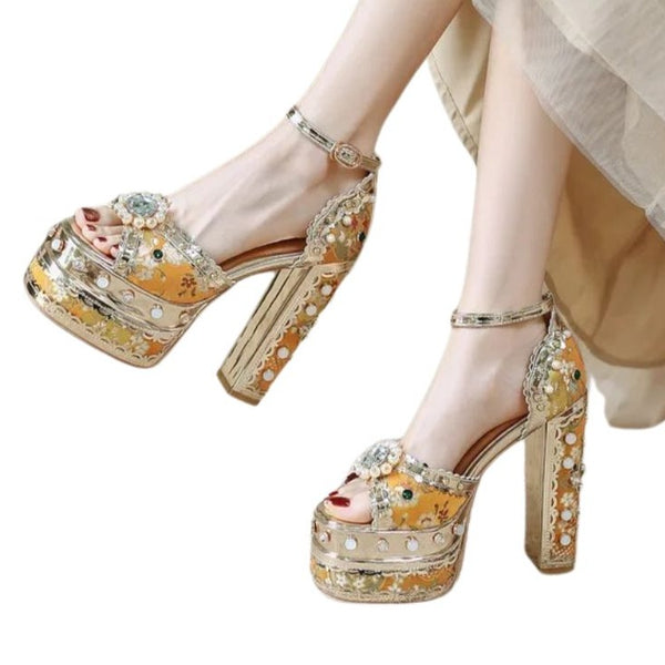 Pearl Rhinestone Yellow Heels