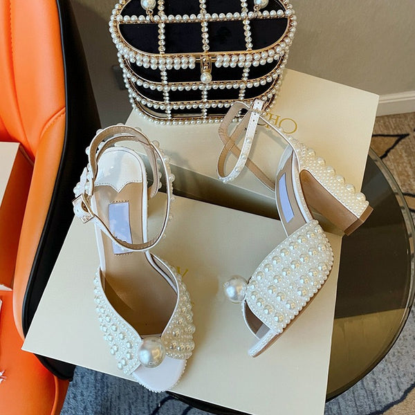 Pearl Wedding Shoes Block Heel
