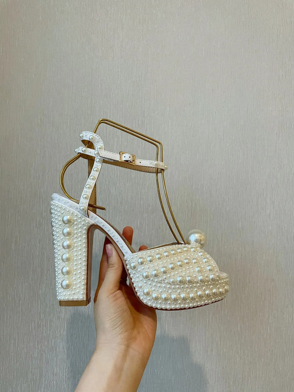 Pearl Wedding Shoes Block Heel