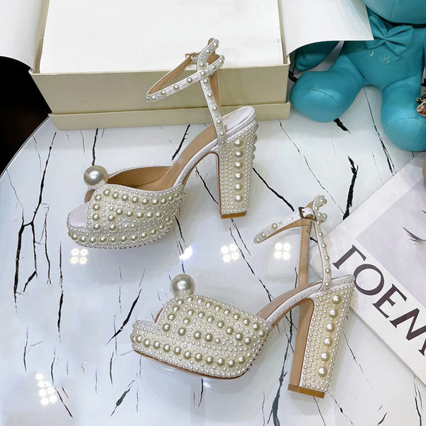 Pearl Wedding Shoes Block Heel