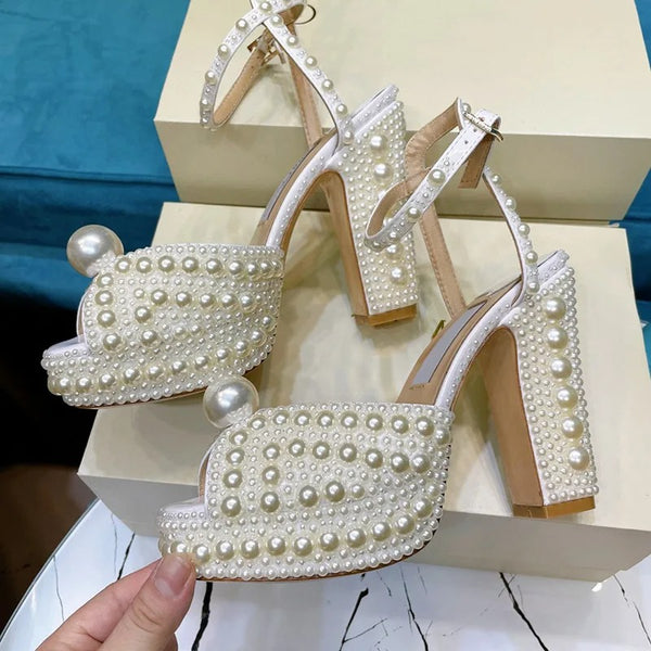 Pearl Wedding Shoes Block Heel