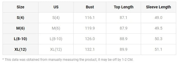 Pearl dress long sleeve Size Chart