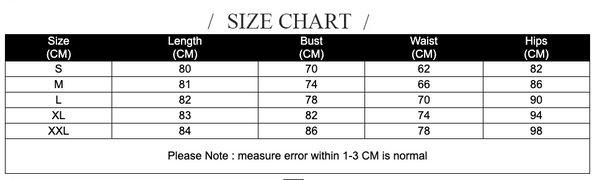 Pearl Lined Dress size chart