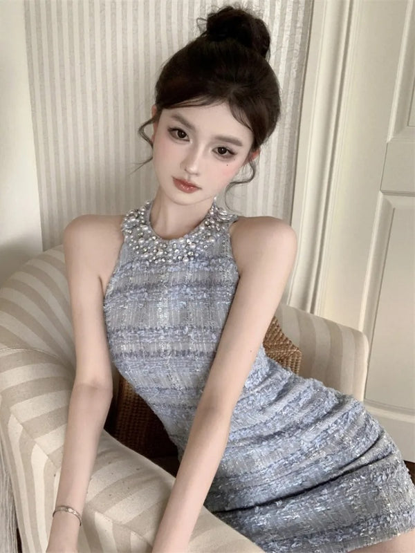 Pearl Necklace Blue Korean Dress