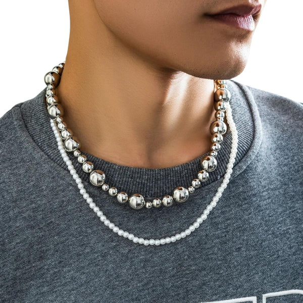 Punk Metal Pearl Necklace Men's