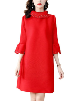 Red Elegant Puff Sleeve Loose Pearl Dress