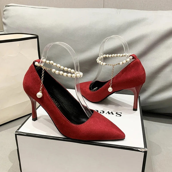 Red Pearl Strap Heels