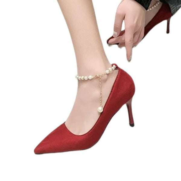 Red Pearl Strap Heels