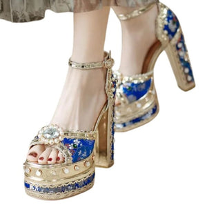 Rhinestone and Pearl Blue Heels